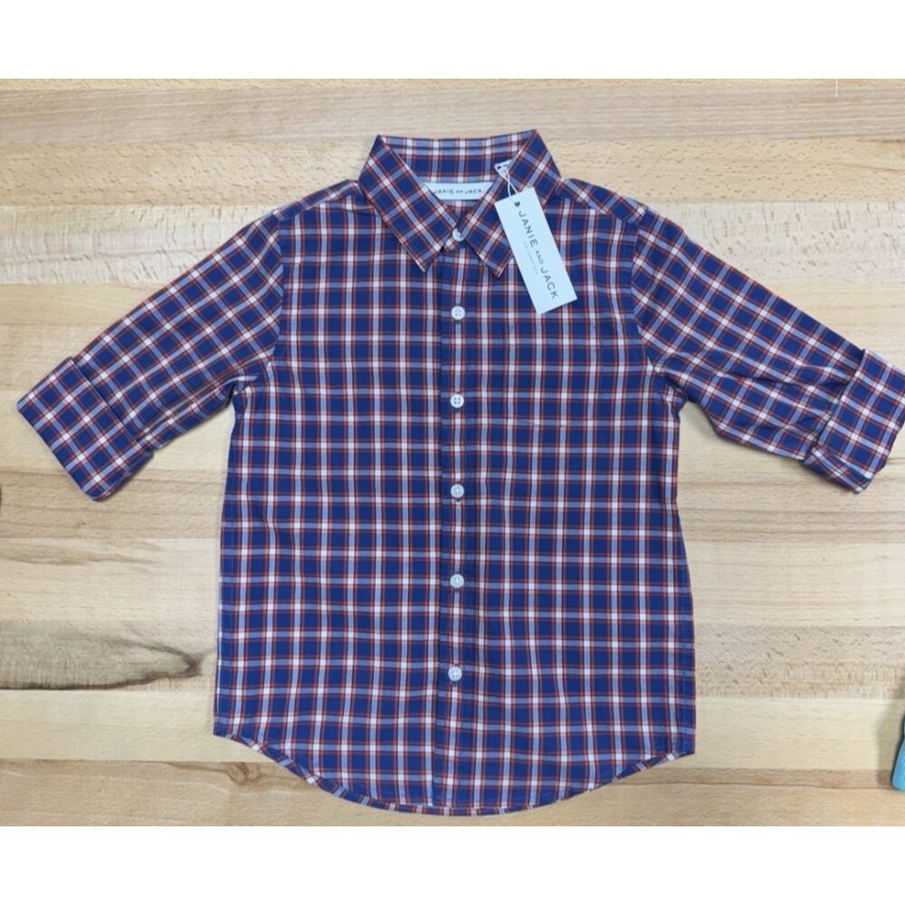 Janie and Jack Plaid Cotton Button Down Casual Shirt size 4 NWT Long Sleeve Blue